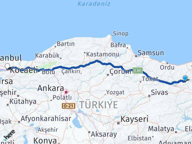 Giresun Alucra Kocaeli Arası Kaç Km - Yol Haritası