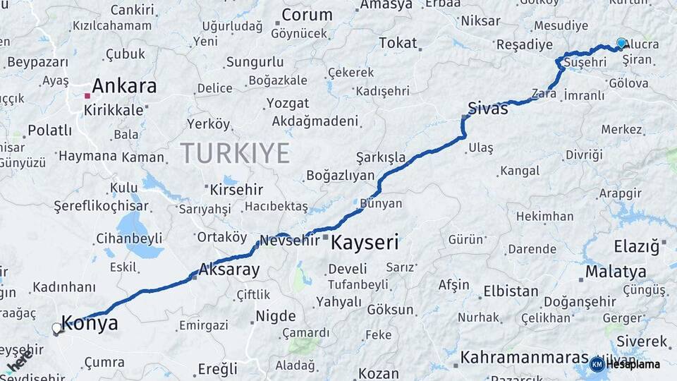Giresun Alucra Konya Arası Kaç Km - Yol Haritası