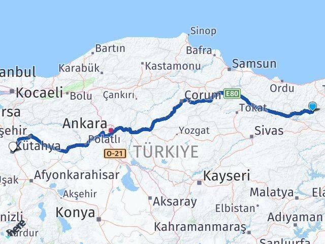 Giresun Alucra Kütahya Arası Kaç Km - Yol Haritası