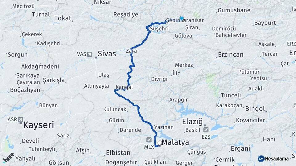 Giresun Alucra Malatya Arası Kaç Km - Yol Haritası