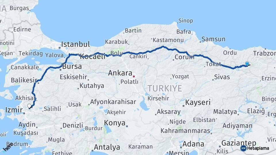 Giresun Alucra Manisa Arası Kaç Km - Yol Haritası