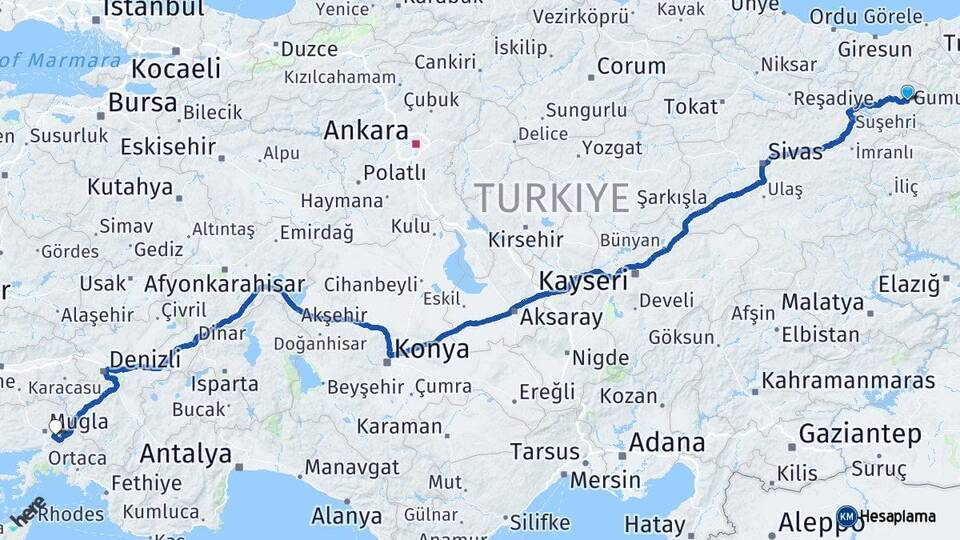 Giresun Alucra Muğla Arası Kaç Km - Yol Haritası