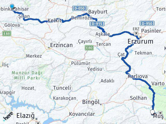 Giresun Alucra Muş Arası Kaç Km - Yol Haritası