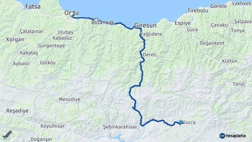 Giresun Alucra Ordu Arası Kaç Km - Yol Haritası