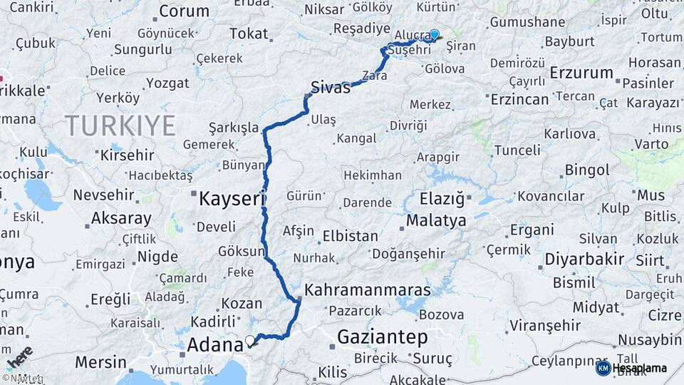 Giresun Alucra Osmaniye Arası Kaç Km - Yol Haritası