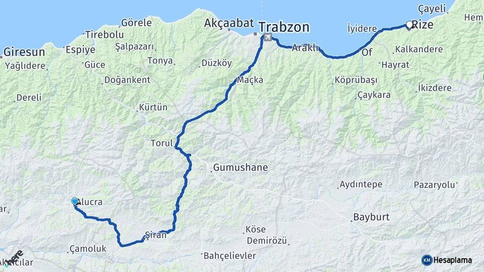 Giresun Alucra Rize Arası Kaç Km - Yol Haritası