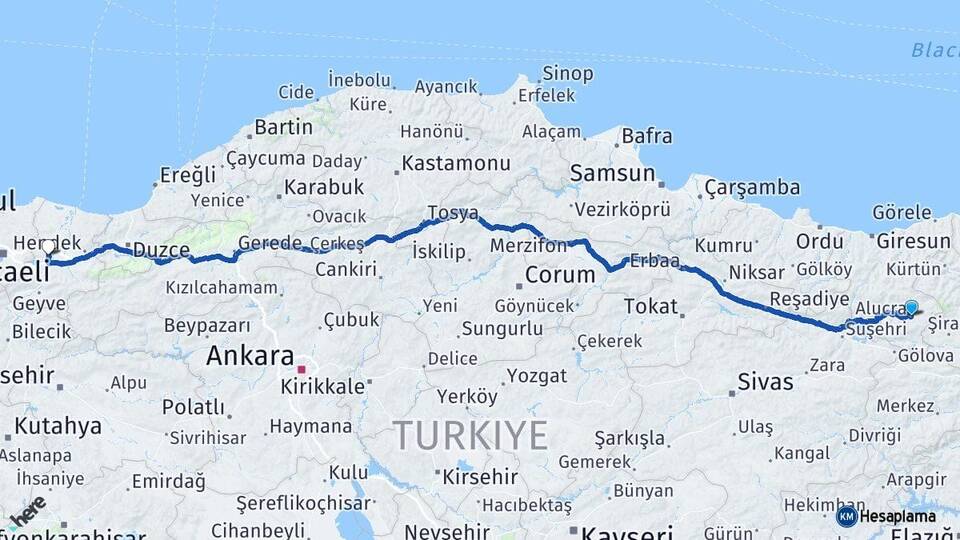Giresun Alucra Sakarya Arası Kaç Km - Yol Haritası