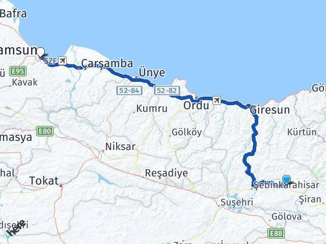 Giresun Alucra Samsun Arası Kaç Km - Yol Haritası