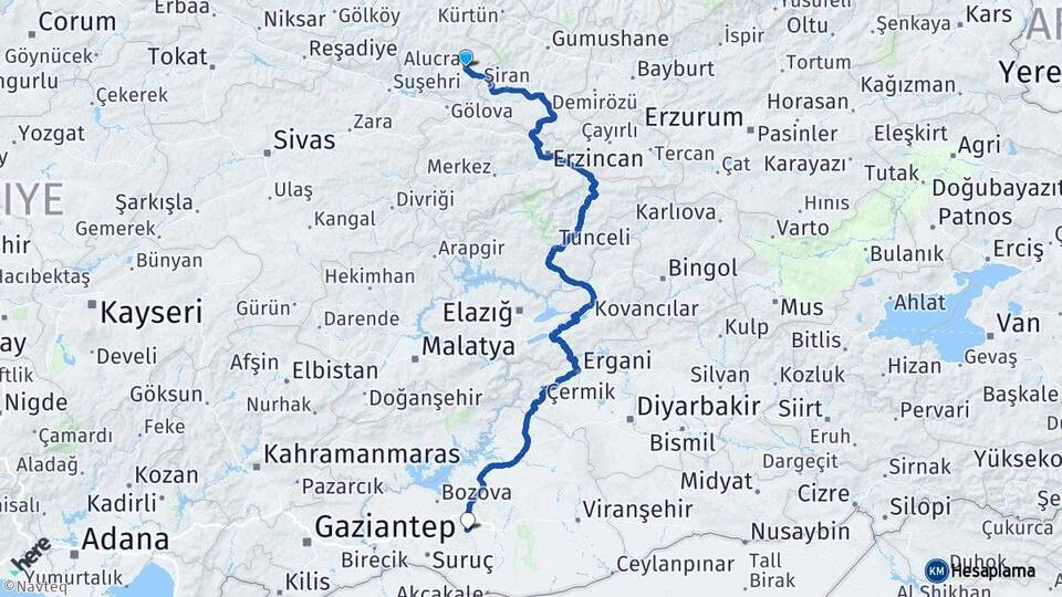 Giresun Alucra Şanlıurfa Arası Kaç Km - Yol Haritası