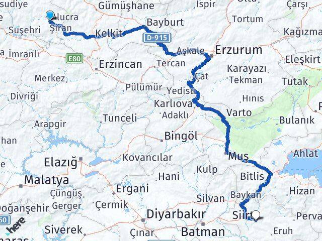 Giresun Alucra Siirt Arası Kaç Km - Yol Haritası