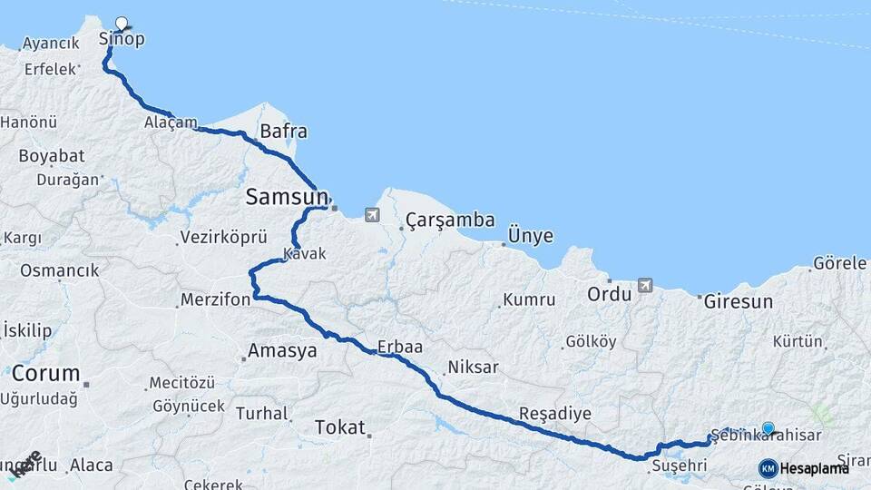 Giresun Alucra Sinop Arası Kaç Km - Yol Haritası