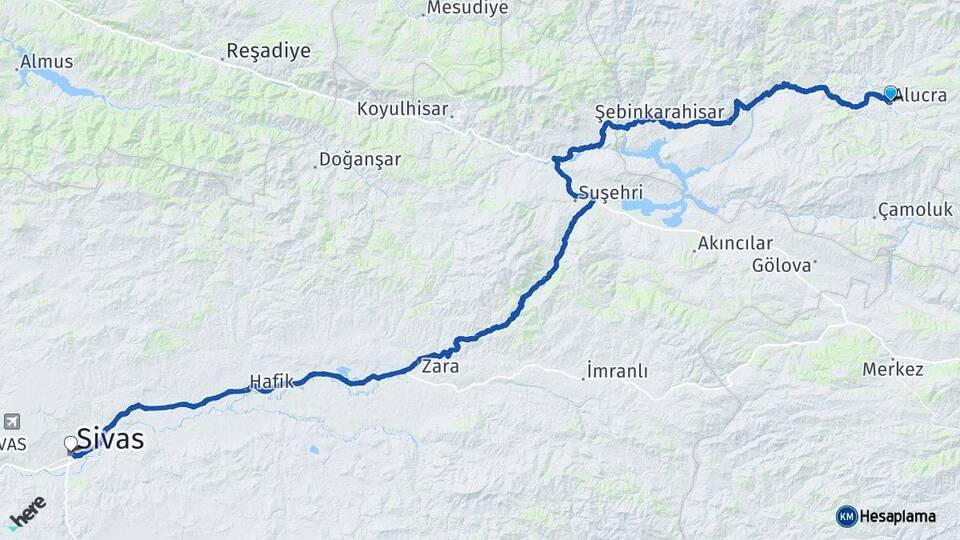 Giresun Alucra Sivas Arası Kaç Km - Yol Haritası