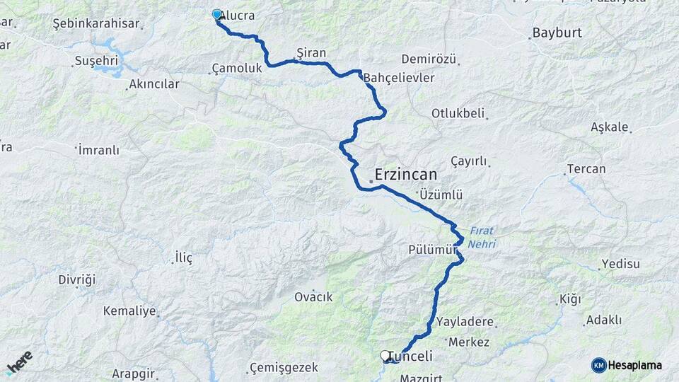 Giresun Alucra Tunceli Arası Kaç Km - Yol Haritası