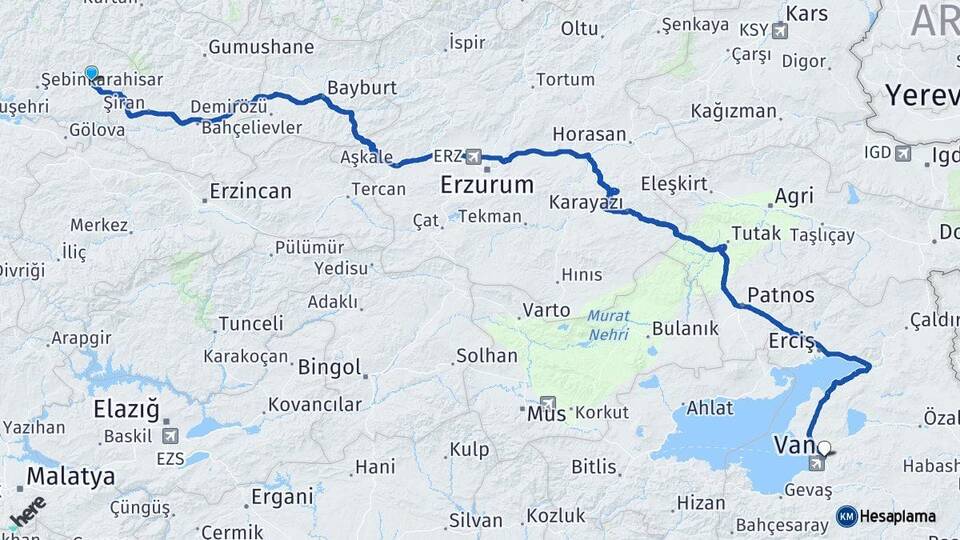Giresun Alucra Van Arası Kaç Km - Yol Haritası