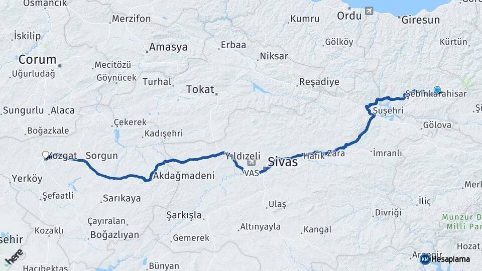 Giresun Alucra Yozgat Arası Kaç Km - Yol Haritası
