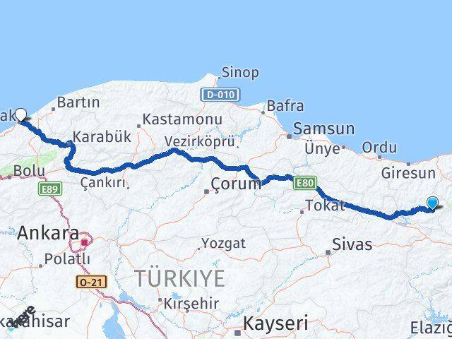 Giresun Alucra Zonguldak Arası Kaç Km - Yol Haritası