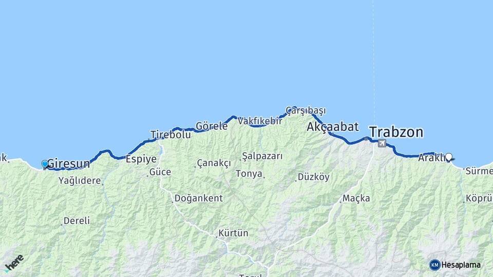 Giresun Araklı Trabzon Arası Kaç Km - Yol Haritası