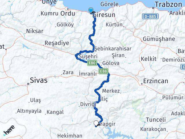 Giresun Arapgir Malatya Arası Kaç Km - Yol Haritası
