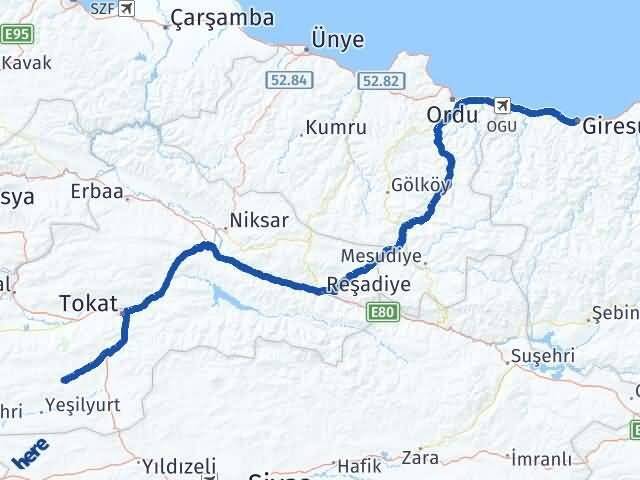 Giresun Artova Tokat Arası Kaç Km - Yol Haritası