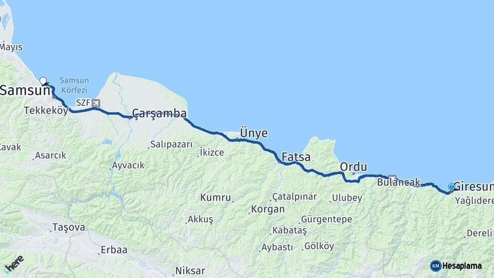 Giresun Atakum Samsun Arası Kaç Km - Yol Haritası