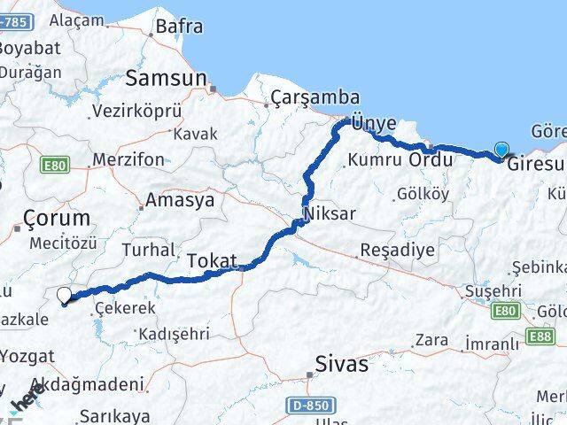 Giresun Aydıncık Yozgat Arası Kaç Km - Yol Haritası