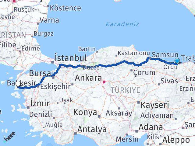 Giresun Ayvacık Çanakkale Arası Kaç Km - Yol Haritası