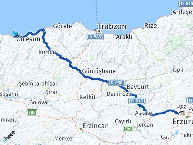 Giresun Aziziye Erzurum Arası Kaç Km - Yol Haritası