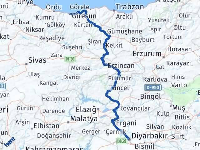 Giresun Bağlar Diyarbakır Arası Kaç Km - Yol Haritası
