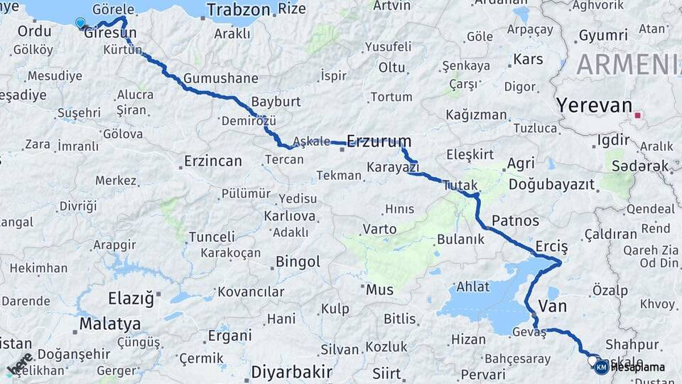 Giresun Başkale Van Arası Kaç Km - Yol Haritası