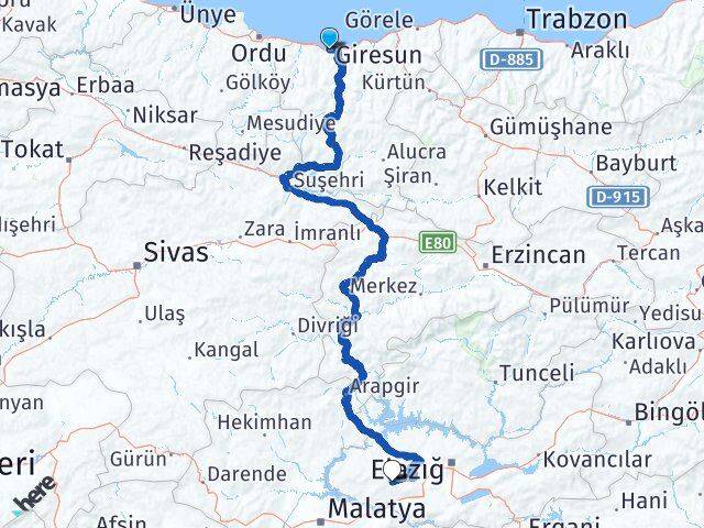 Giresun Baskil Elazığ Arası Kaç Km - Yol Haritası