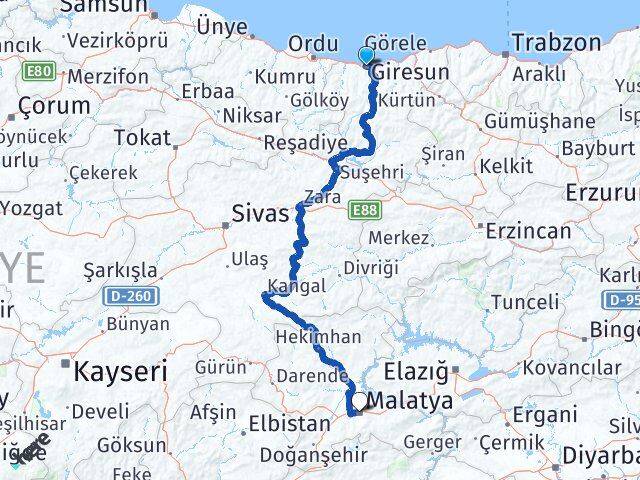 Giresun Battalgazi Malatya Arası Kaç Km - Yol Haritası