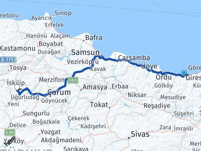 Giresun Bayat Çorum Arası Kaç Km - Yol Haritası
