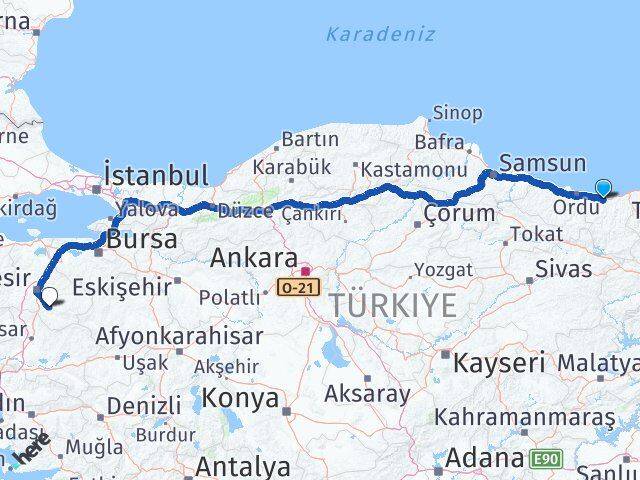 Giresun Bigadiç Balıkesir Arası Kaç Km - Yol Haritası