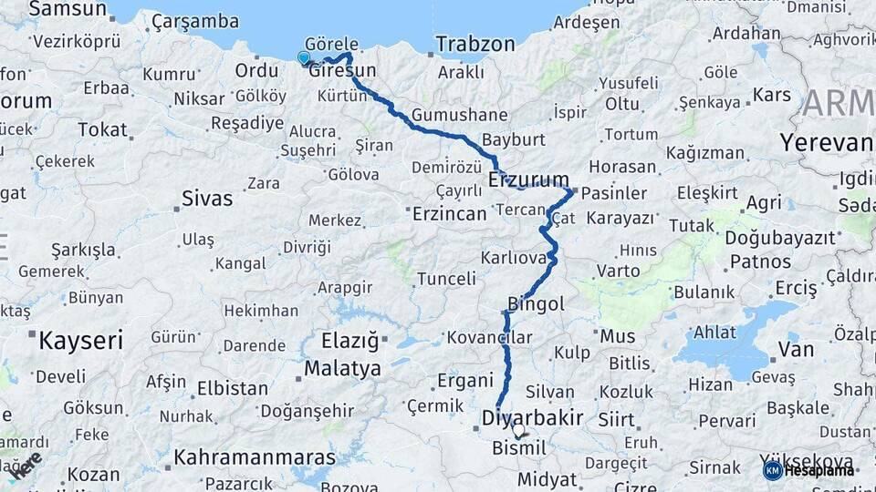 Giresun Bismil Diyarbakır Arası Kaç Km - Yol Haritası
