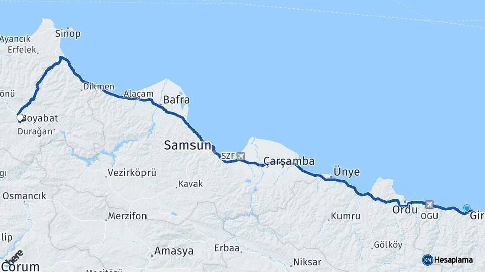 Giresun Boyabat Sinop Arası Kaç Km - Yol Haritası