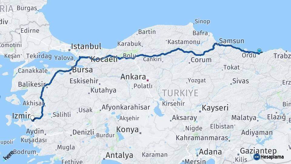 Giresun Buca İzmir Arası Kaç Km - Yol Haritası