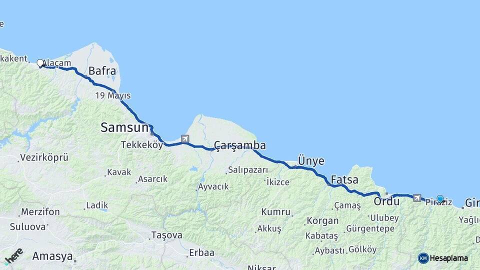 Giresun Bulancak Alaçam Samsun Arası Kaç Km - Yol Haritası