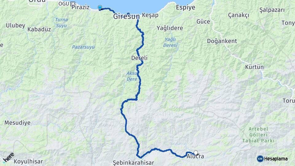 Giresun Bulancak Alucra Arası Kaç Km - Yol Haritası