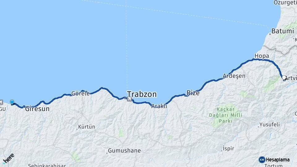 Giresun Bulancak Artvin Arası Kaç Km - Yol Haritası