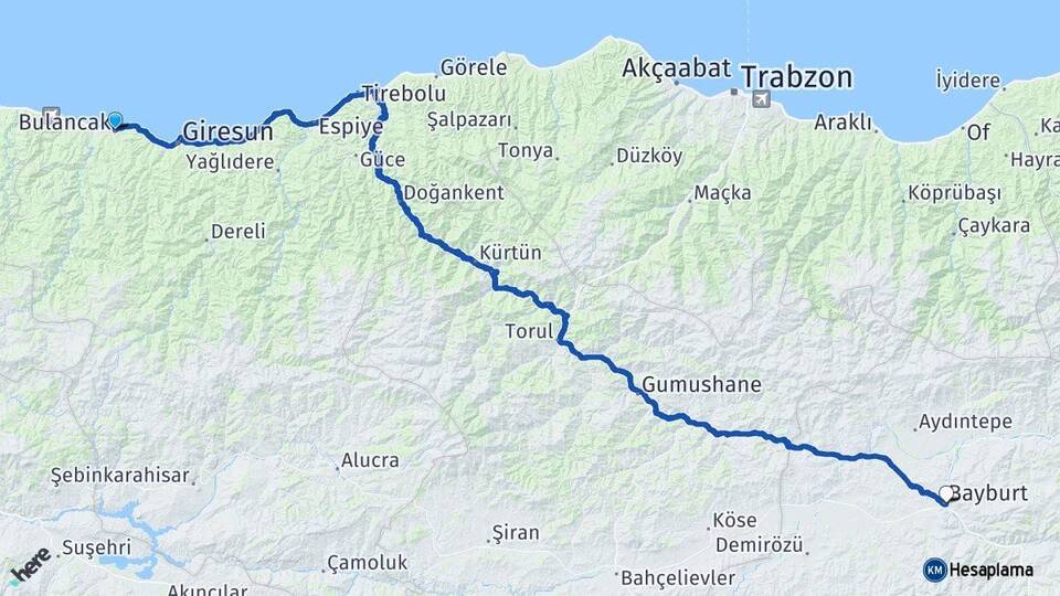 Giresun Bulancak Bayburt Arası Kaç Km - Yol Haritası