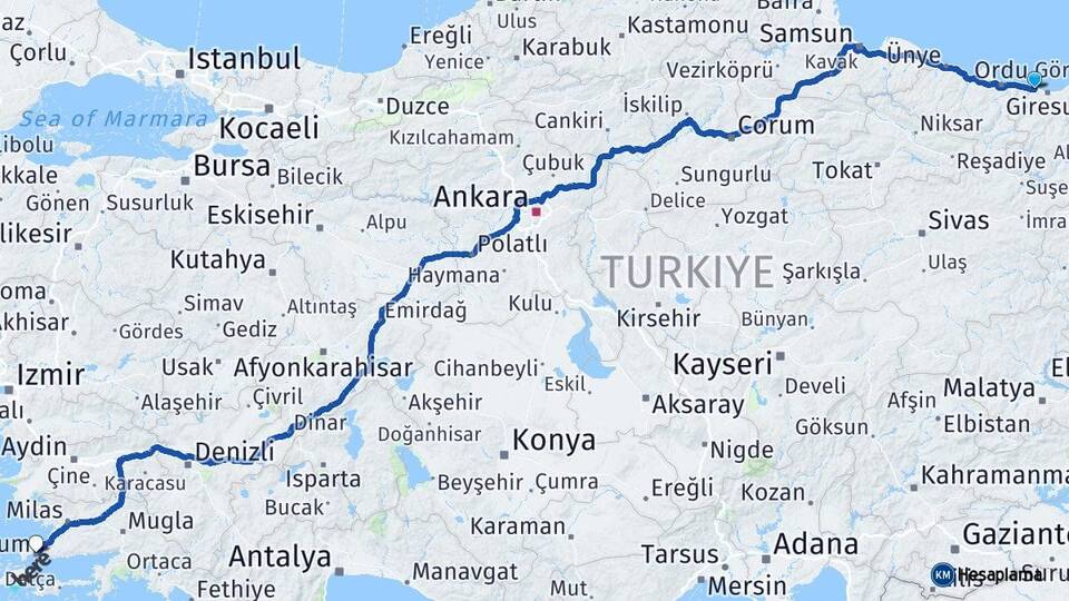 Giresun Bulancak Bodrum Muğla Arası Kaç Km - Yol Haritası