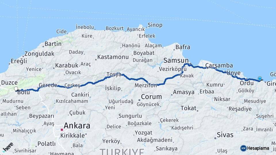 Giresun Bulancak Bolu Arası Kaç Km - Yol Haritası