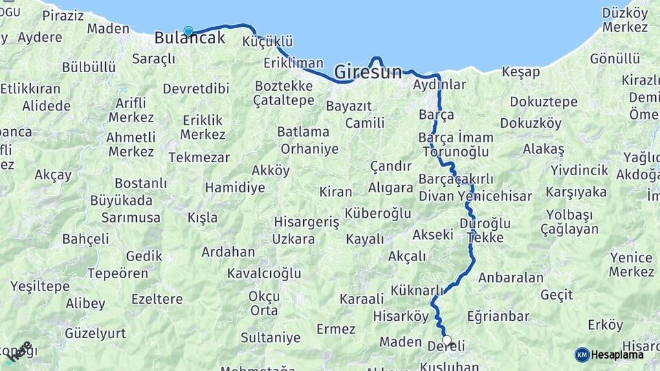 Giresun Bulancak Dereli Arası Kaç Km - Yol Haritası