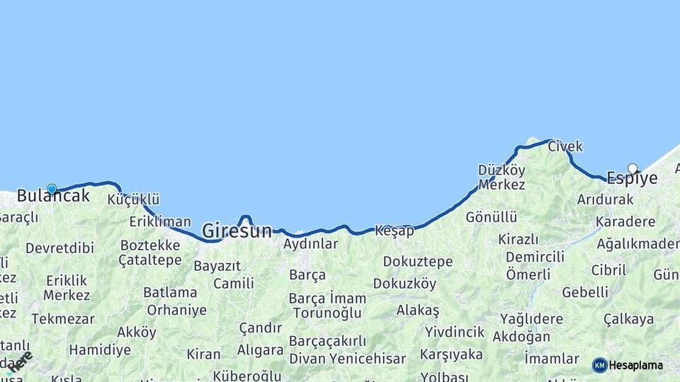 Giresun Bulancak Espiye Arası Kaç Km - Yol Haritası