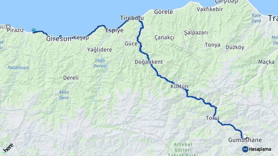 Giresun Bulancak Gümüşhane Arası Kaç Km - Yol Haritası