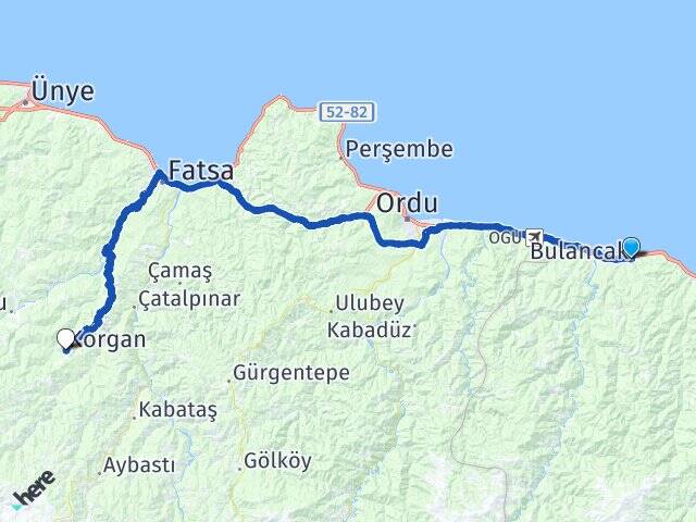 Giresun Bulancak Korgan Ordu Arası Kaç Km - Yol Haritası