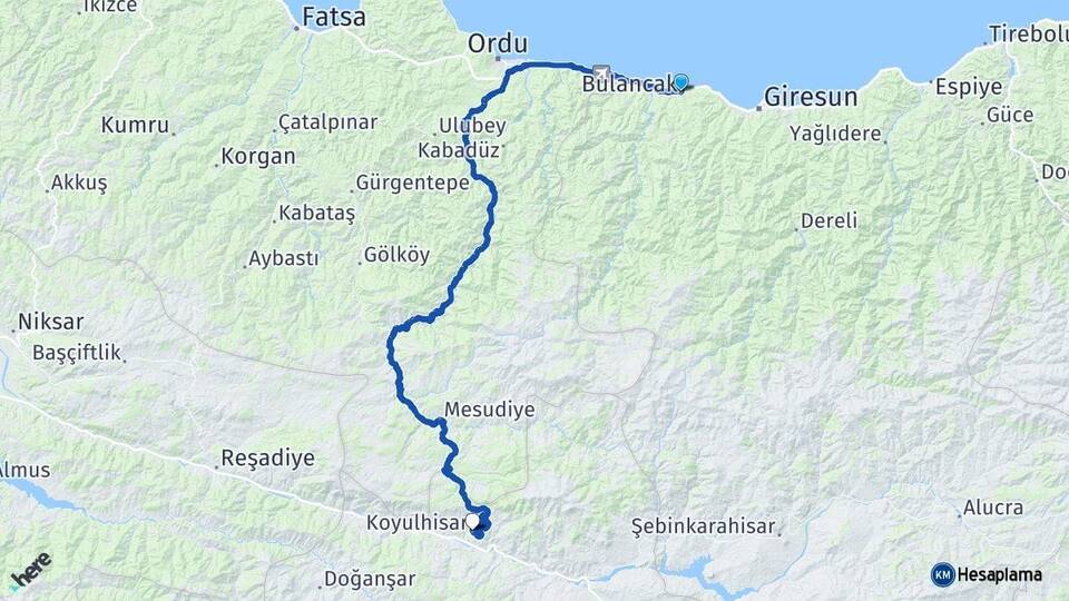 Giresun Bulancak Koyulhisar Sivas Arası Kaç Km - Yol Haritası