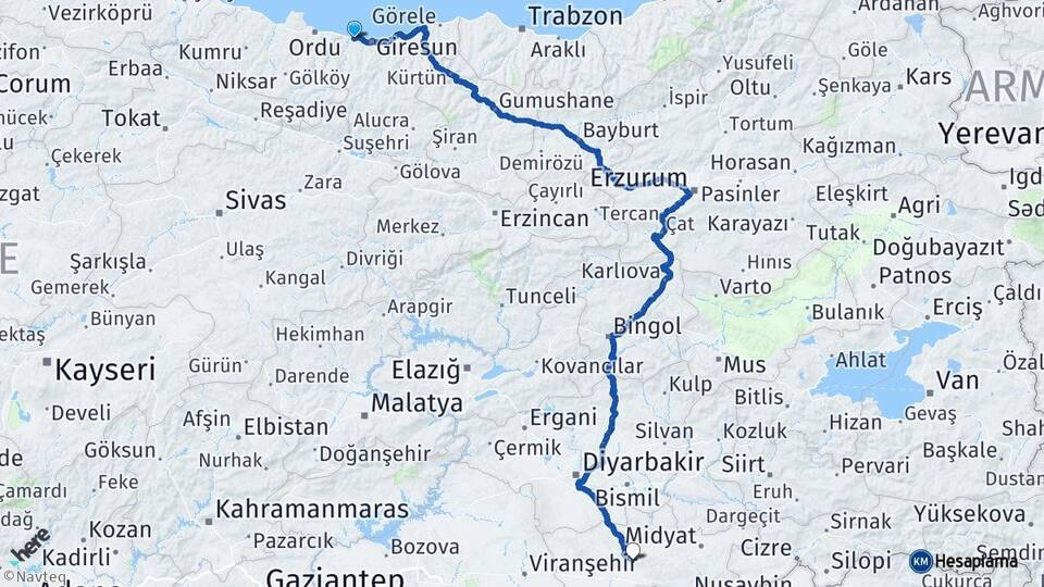 Giresun Bulancak Mardin Arası Kaç Km - Yol Haritası