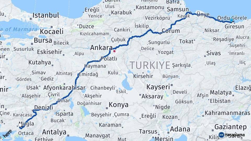 Giresun Bulancak Muğla Arası Kaç Km - Yol Haritası