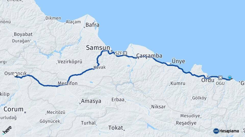 Giresun Bulancak Osmancık Çorum Arası Kaç Km - Yol Haritası